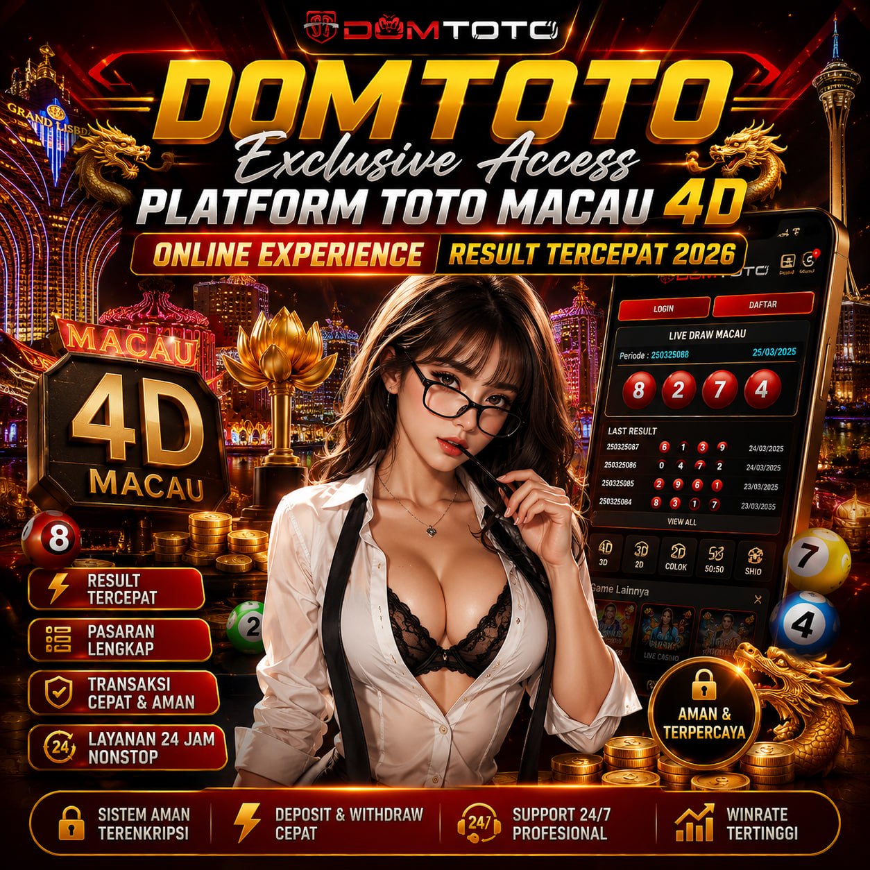 DOMTOTO menghadirkan permainan toto macau 4d 5d lebih menarik untuk pasaran dengan hasil keluaran macau pools dan result macau tercepat hari ini. Tidak Hanya itu saja pengeluaran macau juga di catat dengan lengkap di data macau prize yang dapat anda lihat dengan cepat.